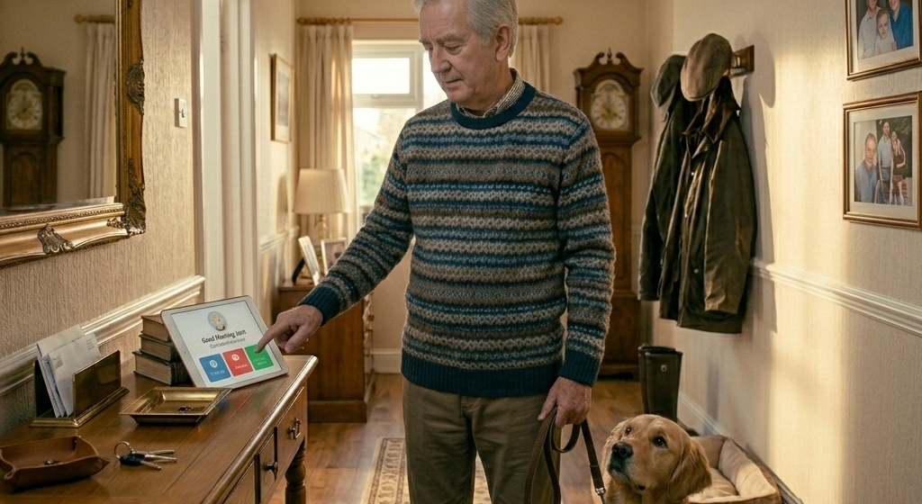 Senior man tapping I'm okay on PingOkay before a walk with his dog