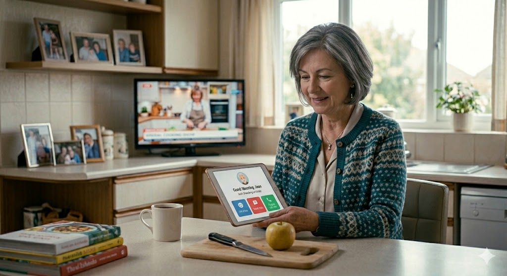 Senior woman using PingOkay on a tablet at home